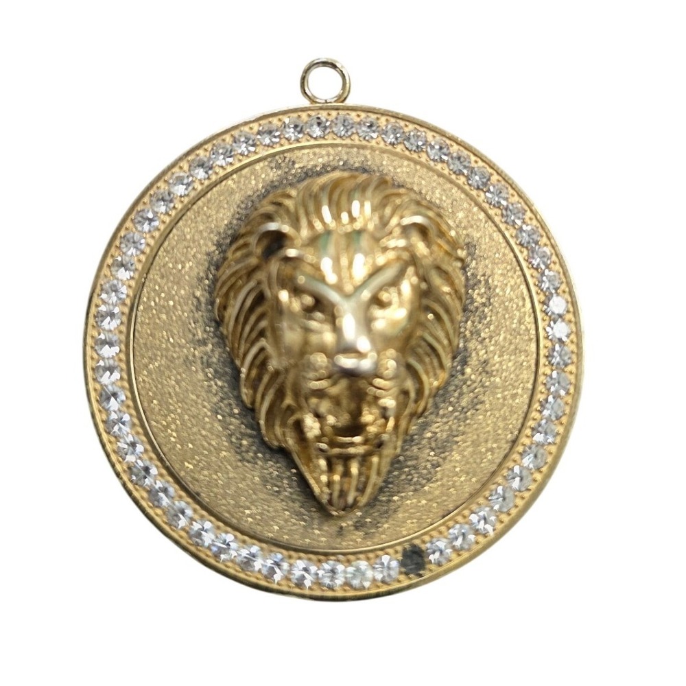 Gold Tone Lion‎ Head Medallion Pendant Crystal Halo Statement Jewelry